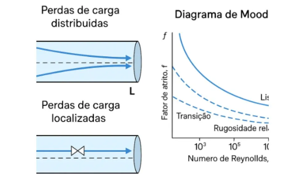 Diagrama mostrando perdas de carga distribuídas e localizadas em tubulações, com gráfico de Moody à direita.
