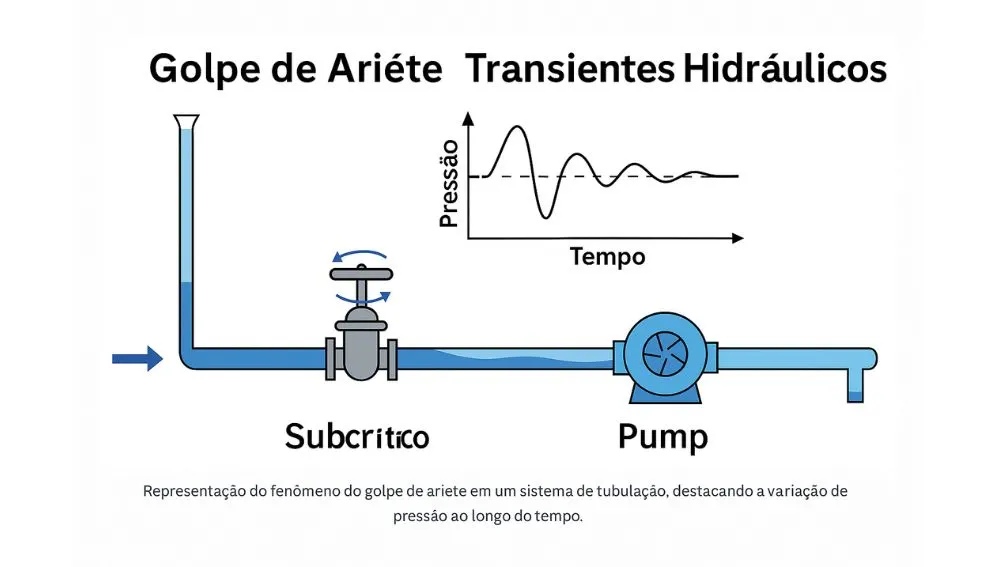 Diagrama do golpe de aríete com variação de pressão ao longo do tempo em sistema de tubulação com bomba e válvula.
