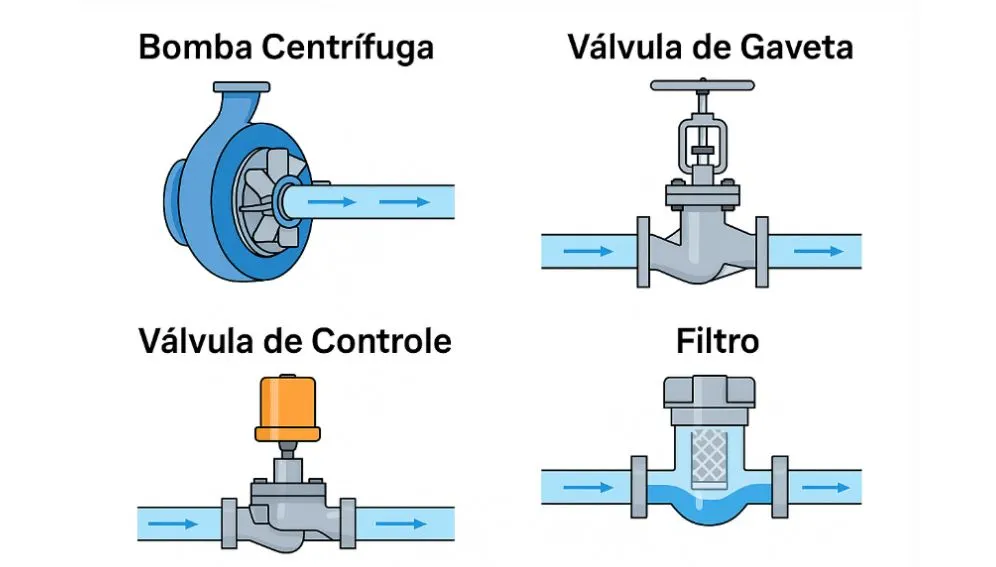 Componentes hidráulicos com destaque para bomba centrífuga, válvula de gaveta, válvula de controle e filtro.