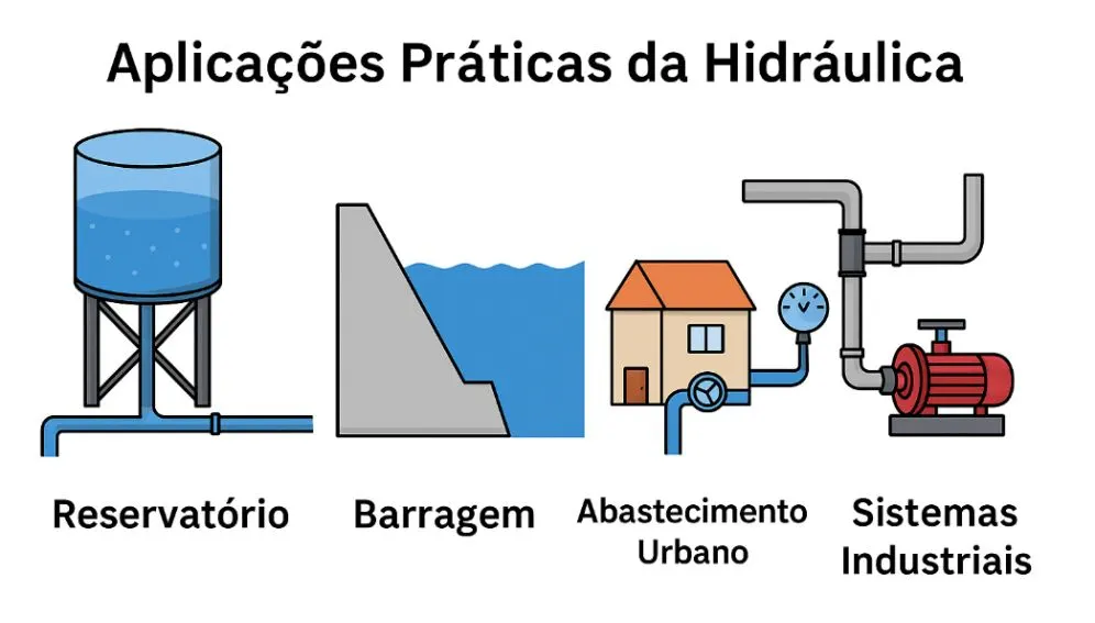 Ilustração com reservatório elevado, barragem, sistema de abastecimento urbano e sistema industrial com bomba hidráulica.