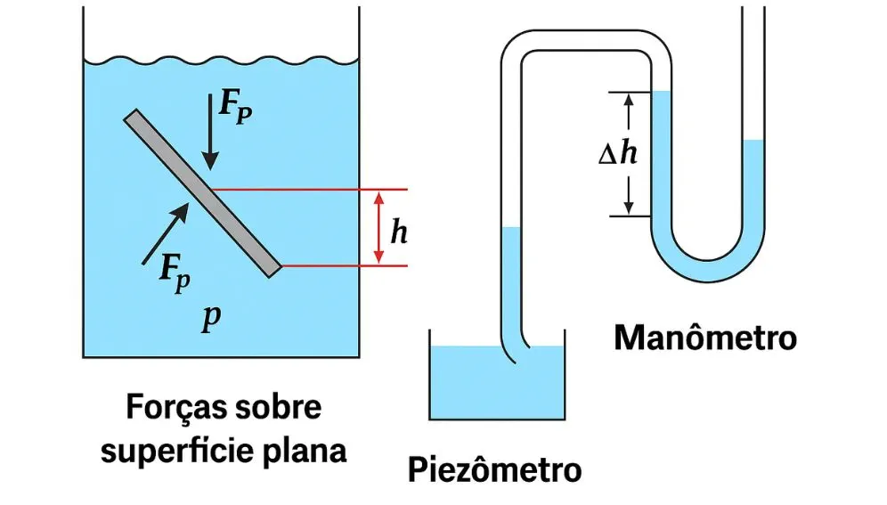 Diagrama técnico mostrando forças sobre superfície plana submersa, manômetro e piezômetro.